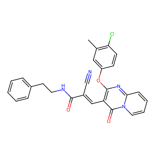 (2E)-3-[2-(4-chloro-3-methylphenoxy)-4-oxo-4H-pyrido[1,2-a]pyrimidin-3-yl]-2-cyano-N-(2-phenylethyl)prop-2-enamide structure