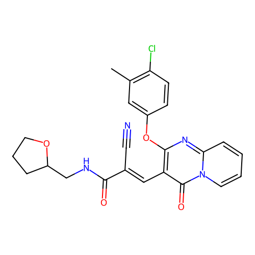 (2E)-3-[2-(4-chloro-3-methylphenoxy)-4-oxo-4H-pyrido[1,2-a]pyrimidin-3-yl]-2-cyano-N-(tetrahydrofuran-2-ylmethyl)prop-2-enamide structure