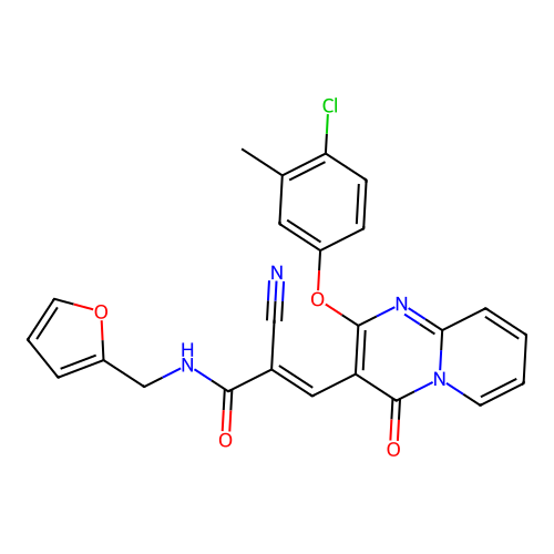 (2E)-3-[2-(4-chloro-3-methylphenoxy)-4-oxo-4H-pyrido[1,2-a]pyrimidin-3-yl]-2-cyano-N-(furan-2-ylmethyl)prop-2-enamide structure