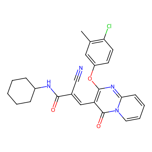 (2E)-3-[2-(4-chloro-3-methylphenoxy)-4-oxo-4H-pyrido[1,2-a]pyrimidin-3-yl]-2-cyano-N-cyclohexylprop-2-enamide structure