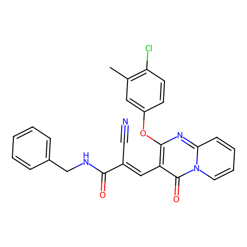 (2E)-N-benzyl-3-[2-(4-chloro-3-methylphenoxy)-4-oxo-4H-pyrido[1,2-a]pyrimidin-3-yl]-2-cyanoprop-2-enamide structure