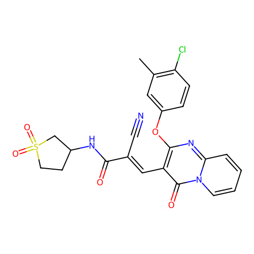(2E)-3-[2-(4-chloro-3-methylphenoxy)-4-oxo-4H-pyrido[1,2-a]pyrimidin-3-yl]-2-cyano-N-(1,1-dioxidotetrahydrothiophen-3-yl)prop-2-enamide structure