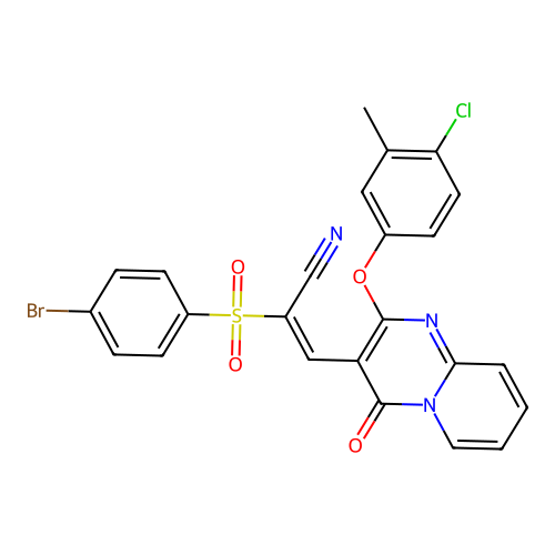 (E)-2-((4-bromophenyl)sulfonyl)-3-(2-(4-chloro-3-methylphenoxy)-4-oxo-4H-pyrido[1,2-a]pyrimidin-3-yl)acrylonitrile structure