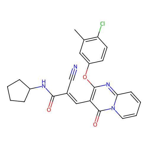 (2E)-3-[2-(4-chloro-3-methylphenoxy)-4-oxo-4H-pyrido[1,2-a]pyrimidin-3-yl]-2-cyano-N-cyclopentylprop-2-enamide structure