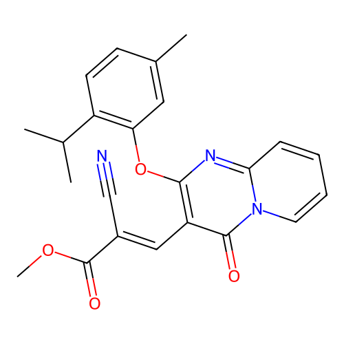 methyl (2E)-2-cyano-3-{2-[5-methyl-2-(propan-2-yl)phenoxy]-4-oxo-4H-pyrido[1,2-a]pyrimidin-3-yl}prop-2-enoate structure