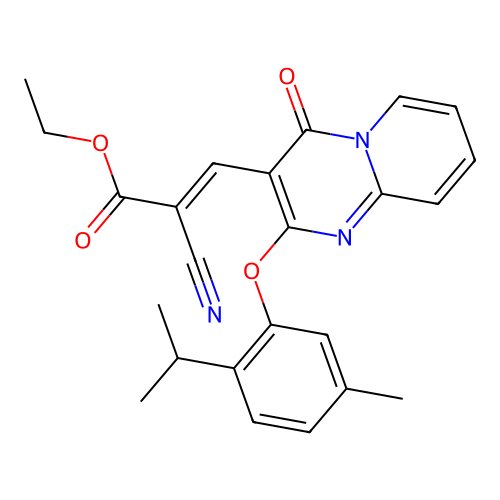 ethyl (2E)-2-cyano-3-{2-[5-methyl-2-(propan-2-yl)phenoxy]-4-oxo-4H-pyrido[1,2-a]pyrimidin-3-yl}prop-2-enoate structure