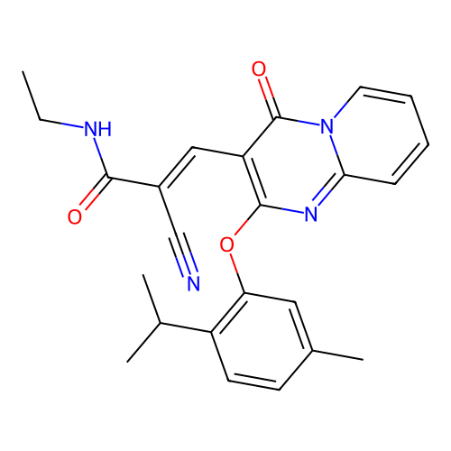 (2E)-2-cyano-N-ethyl-3-{2-[5-methyl-2-(propan-2-yl)phenoxy]-4-oxo-4H-pyrido[1,2-a]pyrimidin-3-yl}prop-2-enamide structure