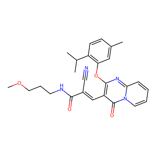 (2E)-2-cyano-N-(3-methoxypropyl)-3-{2-[5-methyl-2-(propan-2-yl)phenoxy]-4-oxo-4H-pyrido[1,2-a]pyrimidin-3-yl}prop-2-enamide structure