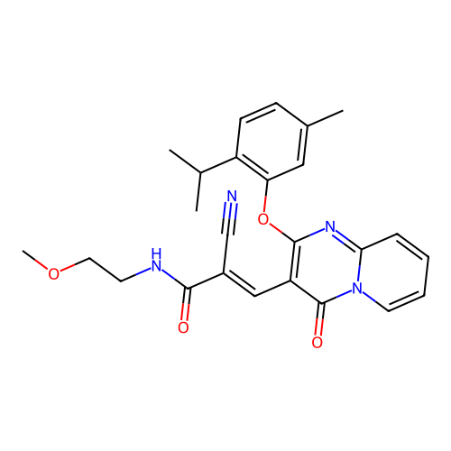 (2E)-2-cyano-N-(2-methoxyethyl)-3-{2-[5-methyl-2-(propan-2-yl)phenoxy]-4-oxo-4H-pyrido[1,2-a]pyrimidin-3-yl}prop-2-enamide structure