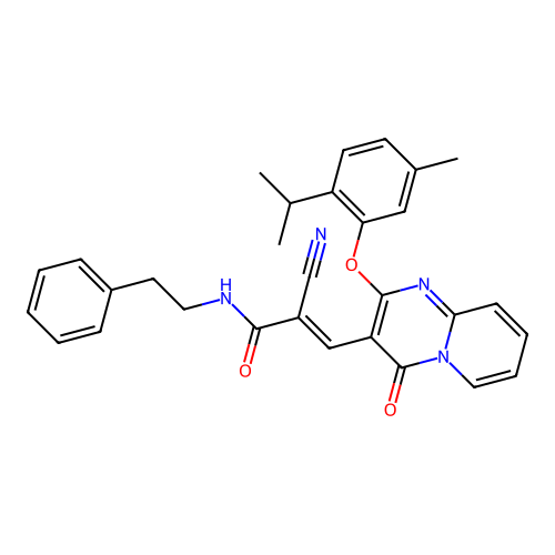 (2E)-2-cyano-3-{2-[5-methyl-2-(propan-2-yl)phenoxy]-4-oxo-4H-pyrido[1,2-a]pyrimidin-3-yl}-N-(2-phenylethyl)prop-2-enamide structure