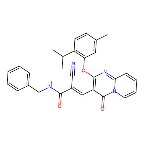 (2E)-N-benzyl-2-cyano-3-{2-[5-methyl-2-(propan-2-yl)phenoxy]-4-oxo-4H-pyrido[1,2-a]pyrimidin-3-yl}prop-2-enamide structure
