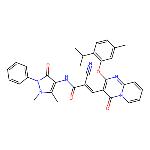 (E)-2-cyano-N-(1,5-dimethyl-3-oxo-2-phenyl-2,3-dihydro-1H-pyrazol-4-yl)-3-(2-(2-isopropyl-5-methylphenoxy)-4-oxo-4H-pyrido[1,2-a]pyrimidin-3-yl)acrylamide structure