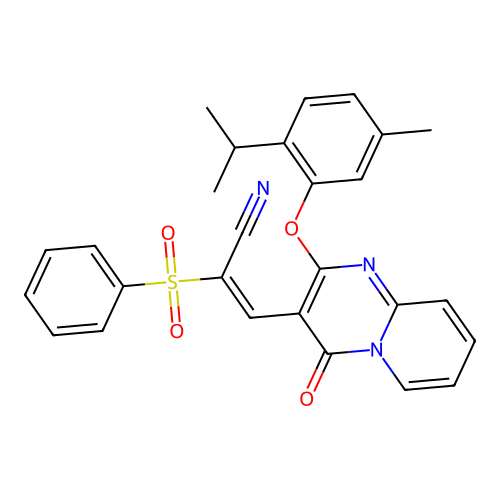 (2E)-2-(BENZENESULFONYL)-3-{2-[5-METHYL-2-(PROPAN-2-YL)PHENOXY]-4-OXO-4H-PYRIDO[1,2-A]PYRIMIDIN-3-YL}PROP-2-ENENITRILE structure