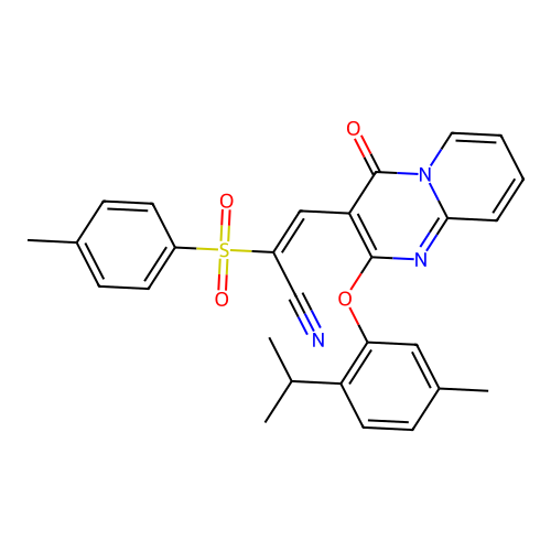(2E)-2-[(4-methylphenyl)sulfonyl]-3-{2-[5-methyl-2-(propan-2-yl)phenoxy]-4-oxo-4H-pyrido[1,2-a]pyrimidin-3-yl}prop-2-enenitrile structure