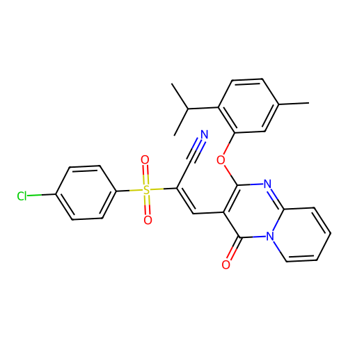 (2E)-2-[(4-chlorophenyl)sulfonyl]-3-{2-[5-methyl-2-(propan-2-yl)phenoxy]-4-oxo-4H-pyrido[1,2-a]pyrimidin-3-yl}prop-2-enenitrile structure