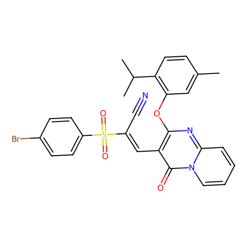 (E)-2-((4-bromophenyl)sulfonyl)-3-(2-(2-isopropyl-5-methylphenoxy)-4-oxo-4H-pyrido[1,2-a]pyrimidin-3-yl)acrylonitrile structure
