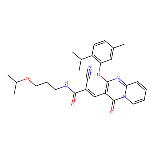 (2E)-2-cyano-3-{2-[5-methyl-2-(propan-2-yl)phenoxy]-4-oxo-4H-pyrido[1,2-a]pyrimidin-3-yl}-N-[3-(propan-2-yloxy)propyl]prop-2-enamide structure