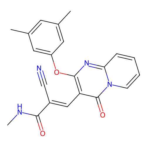 (2E)-2-cyano-3-[2-(3,5-dimethylphenoxy)-4-oxo-4H-pyrido[1,2-a]pyrimidin-3-yl]-N-methylprop-2-enamide structure
