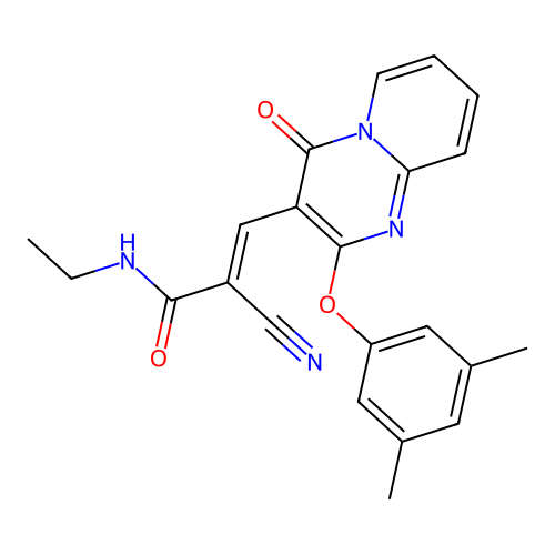 (2E)-2-cyano-3-[2-(3,5-dimethylphenoxy)-4-oxo-4H-pyrido[1,2-a]pyrimidin-3-yl]-N-ethylprop-2-enamide structure