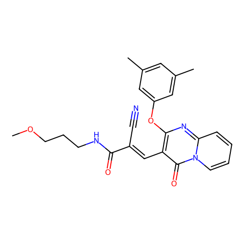 (2E)-2-cyano-3-[2-(3,5-dimethylphenoxy)-4-oxo-4H-pyrido[1,2-a]pyrimidin-3-yl]-N-(3-methoxypropyl)prop-2-enamide structure