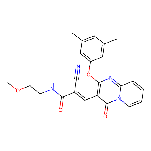 (2E)-2-cyano-3-[2-(3,5-dimethylphenoxy)-4-oxo-4H-pyrido[1,2-a]pyrimidin-3-yl]-N-(2-methoxyethyl)prop-2-enamide structure