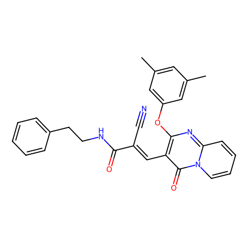 (2E)-2-cyano-3-[2-(3,5-dimethylphenoxy)-4-oxo-4H-pyrido[1,2-a]pyrimidin-3-yl]-N-(2-phenylethyl)prop-2-enamide structure