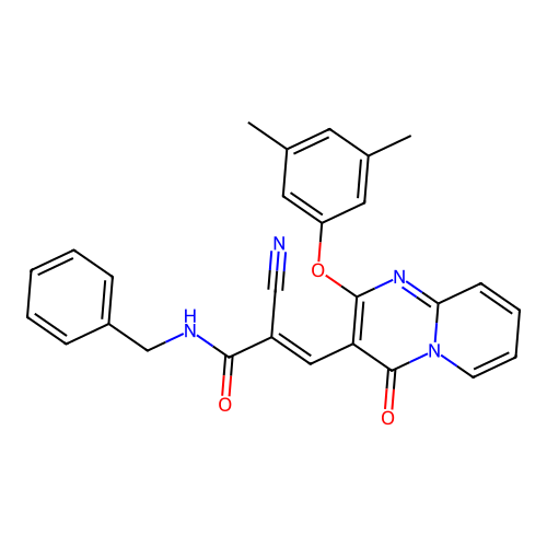(2E)-N-benzyl-2-cyano-3-[2-(3,5-dimethylphenoxy)-4-oxo-4H-pyrido[1,2-a]pyrimidin-3-yl]prop-2-enamide structure