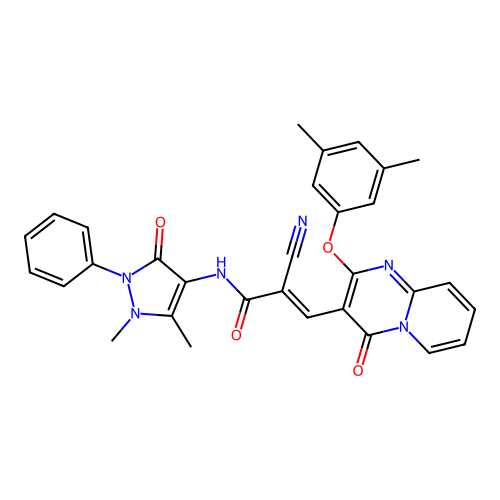 (2E)-2-cyano-N-(1,5-dimethyl-3-oxo-2-phenyl-2,3-dihydro-1H-pyrazol-4-yl)-3-[2-(3,5-dimethylphenoxy)-4-oxo-4H-pyrido[1,2-a]pyrimidin-3-yl]prop-2-enamide structure