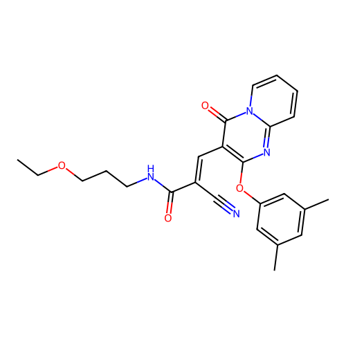 (2E)-2-cyano-3-[2-(3,5-dimethylphenoxy)-4-oxo-4H-pyrido[1,2-a]pyrimidin-3-yl]-N-(3-ethoxypropyl)prop-2-enamide structure