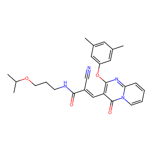 (2E)-2-cyano-3-[2-(3,5-dimethylphenoxy)-4-oxo-4H-pyrido[1,2-a]pyrimidin-3-yl]-N-[3-(propan-2-yloxy)propyl]prop-2-enamide structure