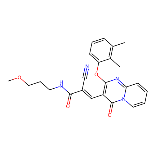 (2E)-2-cyano-3-[2-(2,3-dimethylphenoxy)-4-oxo-4H-pyrido[1,2-a]pyrimidin-3-yl]-N-(3-methoxypropyl)prop-2-enamide structure