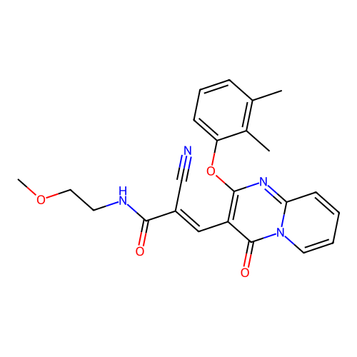 (2E)-2-cyano-3-[2-(2,3-dimethylphenoxy)-4-oxo-4H-pyrido[1,2-a]pyrimidin-3-yl]-N-(2-methoxyethyl)prop-2-enamide structure