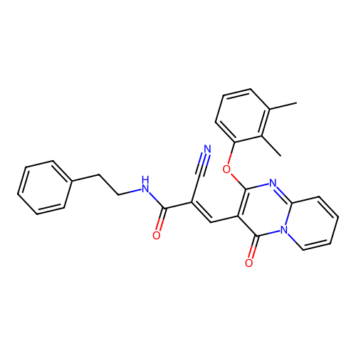 (2E)-2-cyano-3-[2-(2,3-dimethylphenoxy)-4-oxo-4H-pyrido[1,2-a]pyrimidin-3-yl]-N-(2-phenylethyl)prop-2-enamide structure