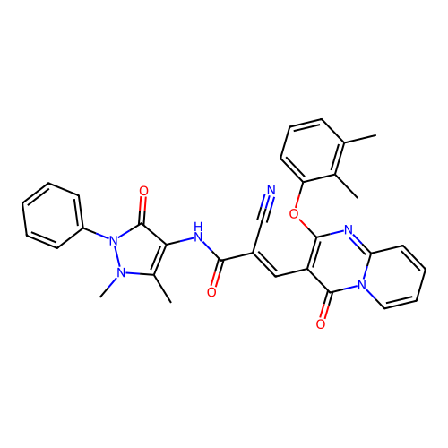 (2E)-2-cyano-N-(1,5-dimethyl-3-oxo-2-phenyl-2,3-dihydro-1H-pyrazol-4-yl)-3-[2-(2,3-dimethylphenoxy)-4-oxo-4H-pyrido[1,2-a]pyrimidin-3-yl]prop-2-enamide structure