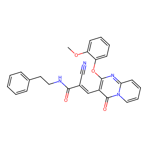 (2E)-2-cyano-3-[2-(2-methoxyphenoxy)-4-oxo-4H-pyrido[1,2-a]pyrimidin-3-yl]-N-(2-phenylethyl)prop-2-enamide structure