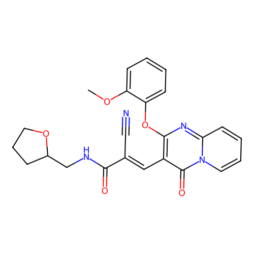 (2E)-2-cyano-3-[2-(2-methoxyphenoxy)-4-oxo-4H-pyrido[1,2-a]pyrimidin-3-yl]-N-(tetrahydrofuran-2-ylmethyl)prop-2-enamide structure