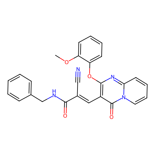 (2E)-N-benzyl-2-cyano-3-[2-(2-methoxyphenoxy)-4-oxo-4H-pyrido[1,2-a]pyrimidin-3-yl]prop-2-enamide structure