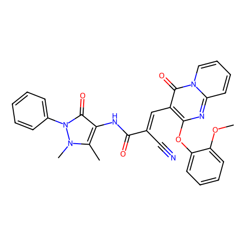 (2E)-2-cyano-N-(1,5-dimethyl-3-oxo-2-phenyl-2,3-dihydro-1H-pyrazol-4-yl)-3-[2-(2-methoxyphenoxy)-4-oxo-4H-pyrido[1,2-a]pyrimidin-3-yl]prop-2-enamide structure