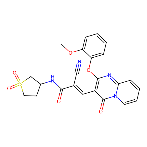 (2E)-2-cyano-N-(1,1-dioxidotetrahydrothiophen-3-yl)-3-[2-(2-methoxyphenoxy)-4-oxo-4H-pyrido[1,2-a]pyrimidin-3-yl]prop-2-enamide structure