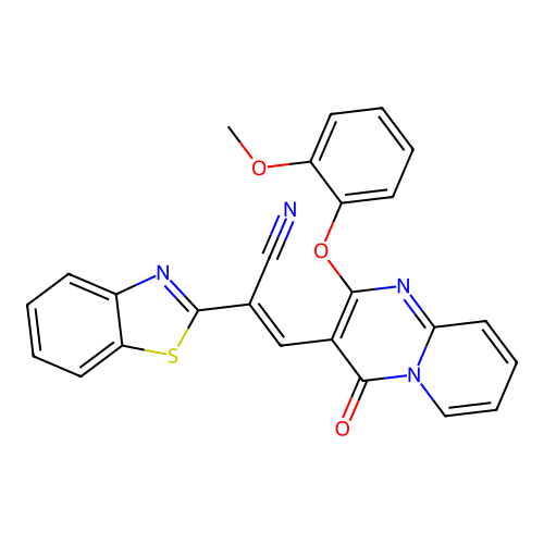(E)-2-(benzo[d]thiazol-2-yl)-3-(2-(2-methoxyphenoxy)-4-oxo-4H-pyrido[1,2-a]pyrimidin-3-yl)acrylonitrile structure