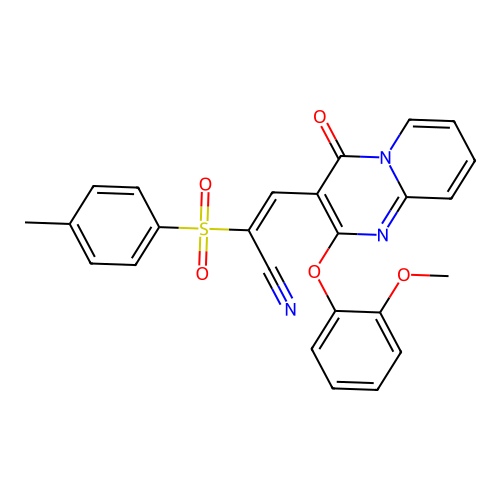 (E)-3-(2-(2-methoxyphenoxy)-4-oxo-4H-pyrido[1,2-a]pyrimidin-3-yl)-2-tosylacrylonitrile structure