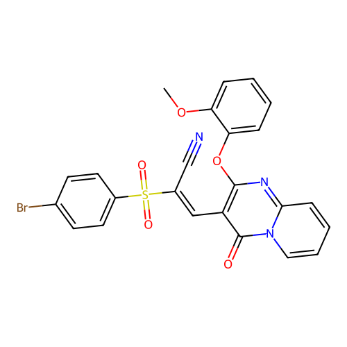 (2E)-2-[(4-bromophenyl)sulfonyl]-3-[2-(2-methoxyphenoxy)-4-oxo-4H-pyrido[1,2-a]pyrimidin-3-yl]prop-2-enenitrile structure