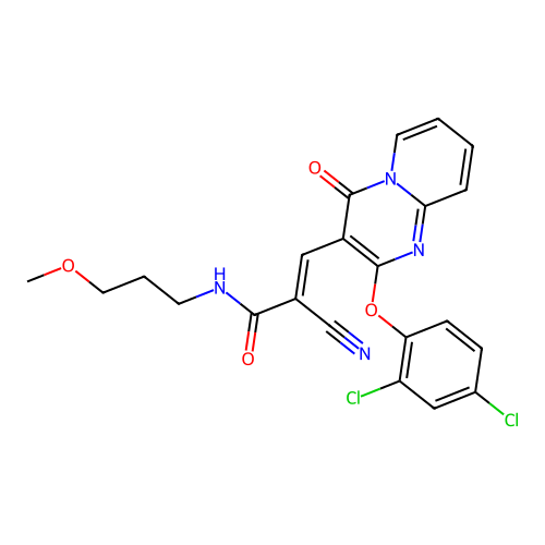 (2E)-2-cyano-3-[2-(2,4-dichlorophenoxy)-4-oxo-4H-pyrido[1,2-a]pyrimidin-3-yl]-N-(3-methoxypropyl)prop-2-enamide structure