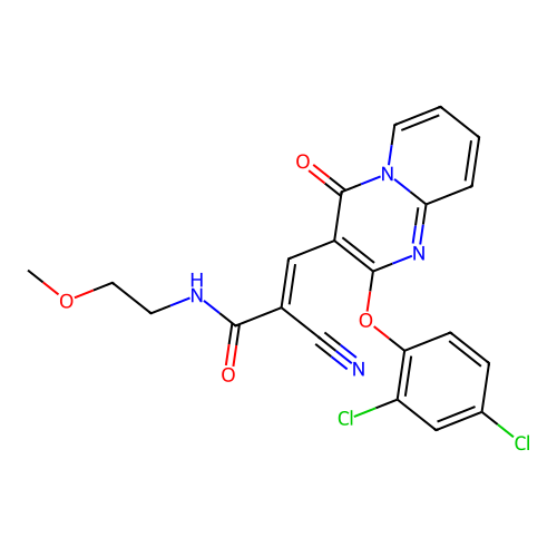 (2E)-2-cyano-3-[2-(2,4-dichlorophenoxy)-4-oxo-4H-pyrido[1,2-a]pyrimidin-3-yl]-N-(2-methoxyethyl)prop-2-enamide structure