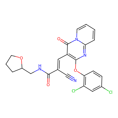 (2E)-2-cyano-3-[2-(2,4-dichlorophenoxy)-4-oxo-4H-pyrido[1,2-a]pyrimidin-3-yl]-N-(tetrahydrofuran-2-ylmethyl)prop-2-enamide structure
