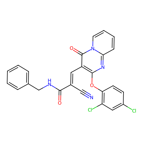 (2E)-N-benzyl-2-cyano-3-[2-(2,4-dichlorophenoxy)-4-oxo-4H-pyrido[1,2-a]pyrimidin-3-yl]prop-2-enamide structure