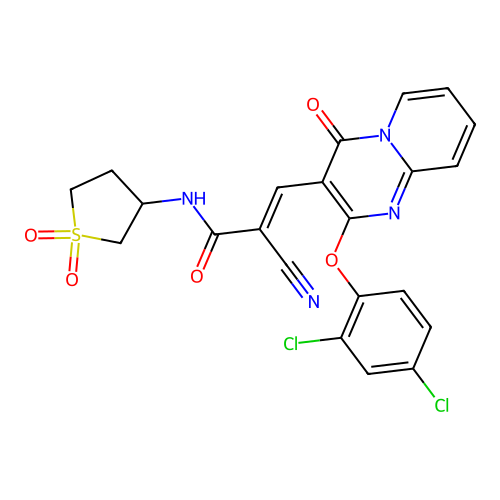 (2E)-2-cyano-3-[2-(2,4-dichlorophenoxy)-4-oxo-4H-pyrido[1,2-a]pyrimidin-3-yl]-N-(1,1-dioxidotetrahydrothiophen-3-yl)prop-2-enamide structure