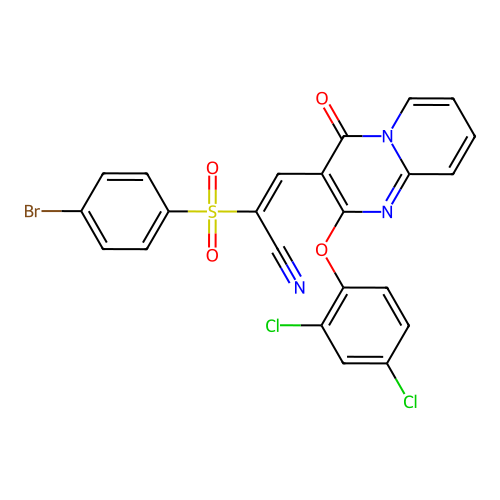 (2E)-2-[(4-bromophenyl)sulfonyl]-3-[2-(2,4-dichlorophenoxy)-4-oxo-4H-pyrido[1,2-a]pyrimidin-3-yl]prop-2-enenitrile structure