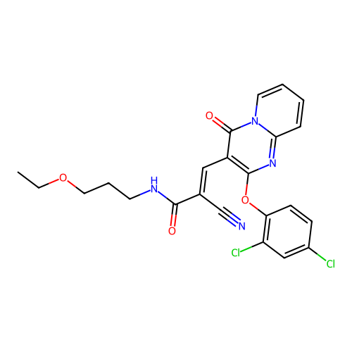(2E)-2-cyano-3-[2-(2,4-dichlorophenoxy)-4-oxo-4H-pyrido[1,2-a]pyrimidin-3-yl]-N-(3-ethoxypropyl)prop-2-enamide structure