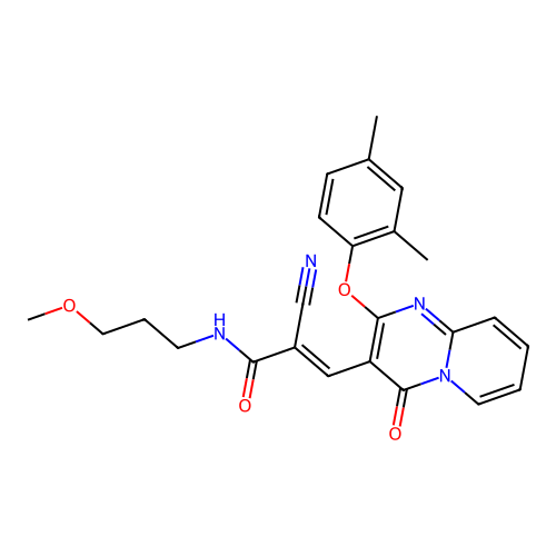 (2E)-2-cyano-3-[2-(2,4-dimethylphenoxy)-4-oxo-4H-pyrido[1,2-a]pyrimidin-3-yl]-N-(3-methoxypropyl)prop-2-enamide structure